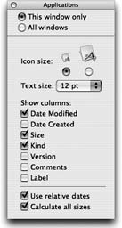 The checkboxes you turn on in the View Options dialog box determine which columns of information appear in a list view window.Most people live full and satisfying lives with only the three default columns—Date Modified, Kind, and Size—turned on. But the other columns can be helpful in special circumstances; the trick is knowing what information appears there.