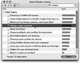 The bars indicate the Mac's "relevance" rating—how well it thinks each help page matches your search. Double-click a topic's name to open the help page. If it isn't as helpful as you hoped, click the Back button (the left-pointing arrow) at the top of the window to return to the list of relevant topics. Click the little Home button to return to the Help Center's welcome screen.