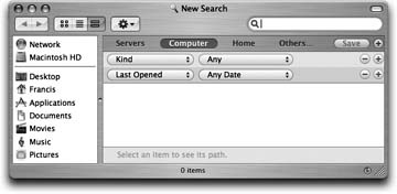 Unless you've first opened a folder or disk window, the new Search dialog box opens up ready to search your entire hard drive (except other people's Home folders), regardless of file type. But don't settle—Spotlight has many more tricks up its software sleeve.