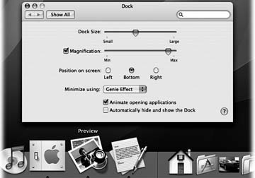 To find a comfortable setting for the Magnification slider, choose → Dock → Dock Preferences. Leave the Dock Preferences window open on the screen, as shown here. After each adjustment of the Dock Size slider, try out the Dock (which still works when the Dock Preferences window is open) to test your new settings.
