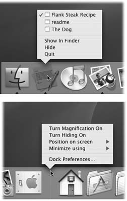 Top: Control-click Dock icon, or click and hold on it, to open the secret menu. The names at the top of this shortcut menu are the names of the windows currently open in that program. The checkmark next to a window's name indicates that it's the frontmost window of that program (even if that program is in the background).Bottom: Here's a bonus secret. If you Control-click the divider bar that separates the two sides of the Dock, another hidden menu appears, this time listing a bunch of useful Dock commands, including the ones listed in the → Dock submenu.