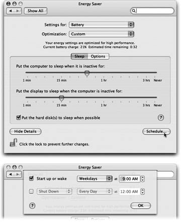 Top: Here's what Energy Saver looks like in its expanded condition on a laptop. (On a desktop machine, it's far simpler.) In the "Put the display to sleep" option, you can specify an independent sleep time for the screen. Bottom: Here are the Schedule controls—a welcome return of the Mac's self-scheduling abilities.