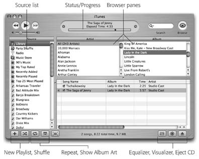 When the Library icon is selected in the Source list, you can click the Browse button (upper-right) to produce a handy, supplementary view of your music database, organized like a Finder column view. It lets you drill down from a performer's name (left column) to an album by that artist (right column) to the individual songs on that album (bottom half, beneath the browser panes).