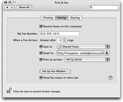 When your Mac answers the fax line, there are three things it can do with the incoming fax. Option 1: Save it as a PDF file that you open with Preview. (The Mac proposes saving these files into the Users→Shared→Shared Faxes folder, but you can set up a more convenient folder.) Option 2: Email it to you, so you can get your faxes even when you're not home (and so you can forward the fax easily). Option 3: Print it out automatically just like a real fax machine.