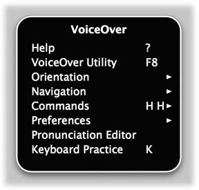 When you hear something you'd like to "click," press Enter; otherwise, press Esc to close the list. (Note that the VoiceOver menu's keystroke lists omit the "Control-Option" part.) You can press Control-Option-right brace (}) or left brace ({) to increase or decrease the VoiceOver menu's type size.