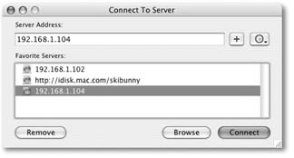 The Connect to Server dialog box lets you type in the IP address for the shared Mac to which you want access. (Ensuring that the shared Mac is turned on and connected to the Internet is the network administrator's problem.)