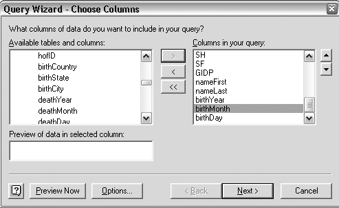 Choosing columns in the Query wizard