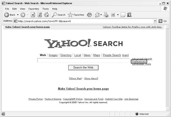 Yahoo! Search Preferences link