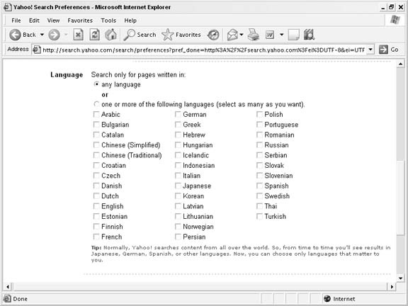 The list of languages at Yahoo!