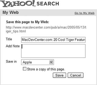 Yahoo! My Web “Save this page” pop-up window