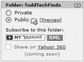 Yahoo! My Web folder publishing options