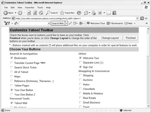 The Customize Yahoo! Toolbar page