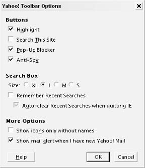 The Yahoo! Toolbar Options dialog