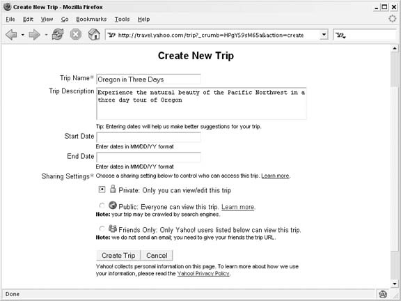 Create New Trip form at Yahoo! Trip Planner