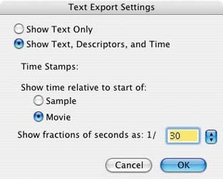 Text Export Settings as configured for chapter track use