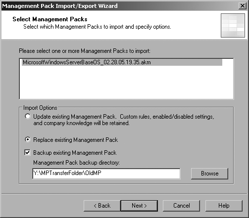 Choose the Replace option for the first-time import of a management pack into production
