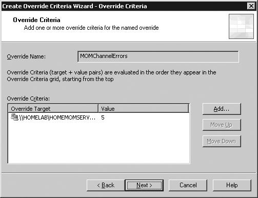 The target and value settings for the override criteria page