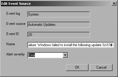 Change the default alert severity from Warning to Error for a patch installation failure