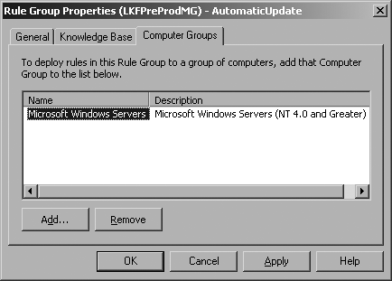Associating the Microsoft Windows Servers computer group with the AutomaticUpdate rule group