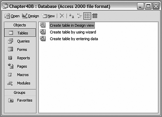 A brand new blank database in Microsoft Access 2003, showing the Tables tab of the database