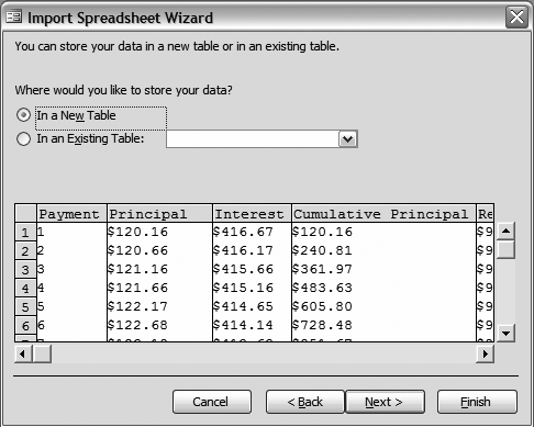 The third step, when you select whether you want the spreadsheet imported into a new table or an existing table