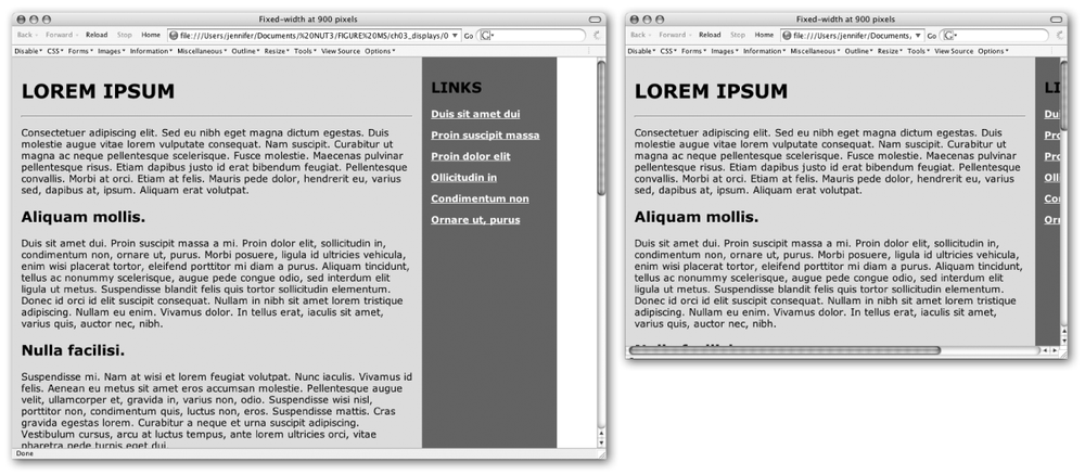 A fixed-width web page with exact pixel measurements viewed on large (left) and small (right) monitors