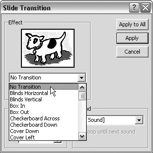 Use the Slide Transition dialog box to remove or change slide transitions.