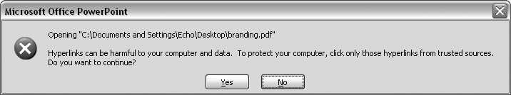 You might receive a warning similar to this one when clicking hyperlinks in your presentations run in PowerPoint 2003 or PowerPoint Viewer 2003.