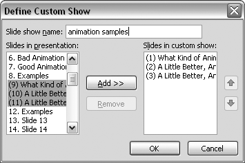 Custom shows let you create âbranchesâ or specific groups of slides in your presentation. Press Shift or Ctrl while clicking on slides in the list to add or remove more than one slide at a time.