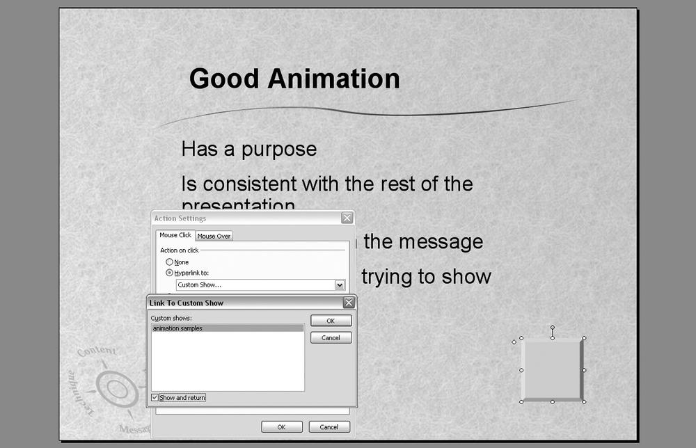 When you create the Action Setting link to access a custom show, make sure you check the âShow and returnâ box so you return to the original slide when you finish the custom show.