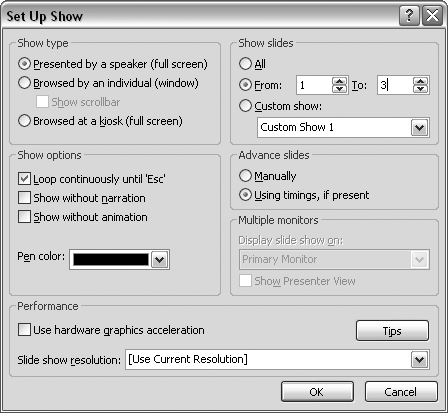 Set custom shows to âLoop continuously until âEscââ in the Set Up Show dialog box. To loop a custom show, you must specify the slide numbers in the Show Slides area, which is rather counterintuitive.
