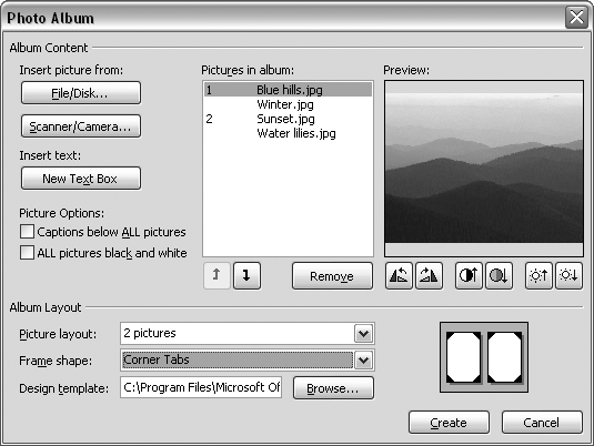 The Photo Album interface in PowerPoint 2002 and 2003 helps you import multiple photos at once.