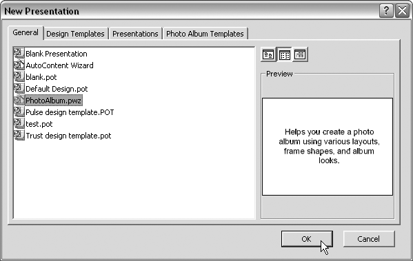 To use Photo Album in PowerPoint 2000, you must go to File â New and choose the Photo Album Wizard from the General tab.