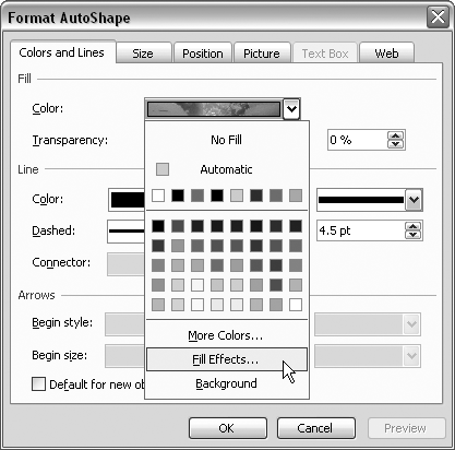 To replace an AutoShape fill, choose Fill Effects from the Color drop-down menu.