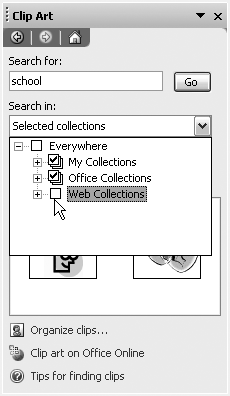 Deselecting Web Collections in the âSearch inâ section of the Clip Art task pane will restrict your search to your hard drive.