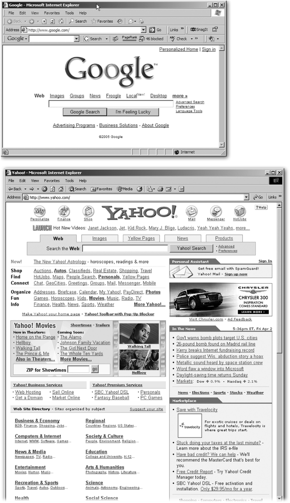 Top: The Google home page.Bottom: The Yahoo home page. For many queries, different search sites will give you similar results because most search engines have adopted some variation of Google’s method of analyzing links. But Google’s unusually clean design makes it faster to load and easier to read than many other search sites.