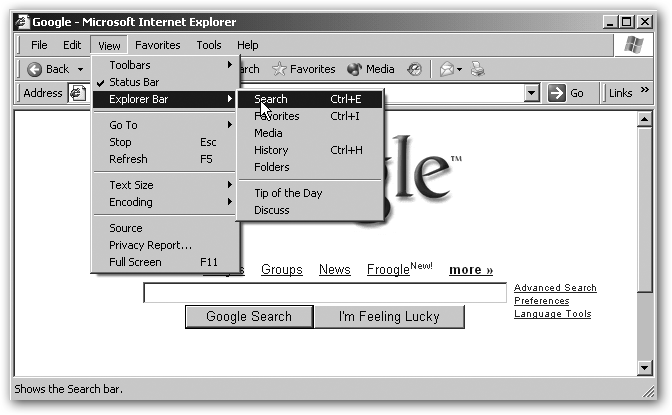 In this book, arrow notations help to simplify folder and menu instructions. For example, “Choose View → Explorer Bar → Search” is a more compact way of saying, “From the View menu, choose Explorer Bar; from the submenu that then appears, choose Search,” as shown here.