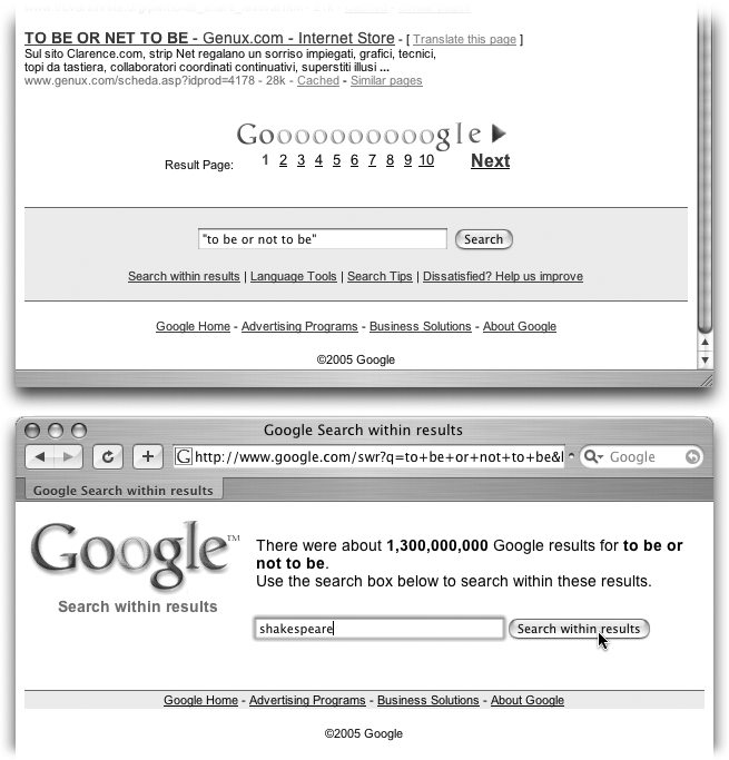 Top: At the bottom of every results page is a link called “Search within results.” If you click it, Google offers you a new, blank search box that lets you search for new terms within your results pages only.Bottom: Enter your new search term here, and then press Enter or click “Search within results” to have Google narrow down your search.