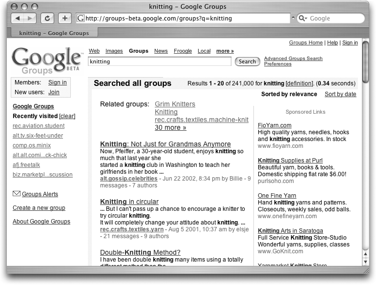 At the top of your listing are links for “Related groups,” which are newsgroups that Google thinks have something to do with your keywords. Click a link to jump to that group. Below that, Google shows you snippets from posts that contain your keywords. Each result is headed up by the title of that discussion (which is like the subject header in an email message), followed by the snippet, and then a line with a link to the group that contains the message, the date that message was posted, the user name of the person who posted it, and the option to view the whole thread that contains that post. If you click the title, Google takes you directly to that individual message.