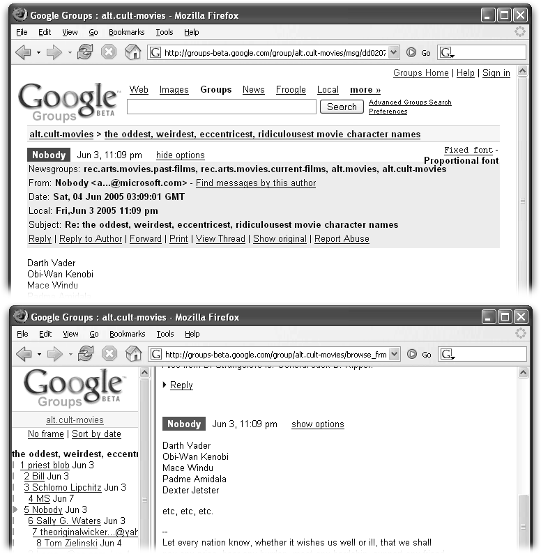 Top: This view shows you the message alone. If you click View Thread just above the message body (click “show options” next to the poster’s name if you don’t see it), Google opens the left pane, showing who posted messages and when; the orange arrow shows you where your message fits on the thread.Bottom: If you want to see the rest of the messages in the thread, click “See this message in context” at the bottom of the screen (not shown here).
