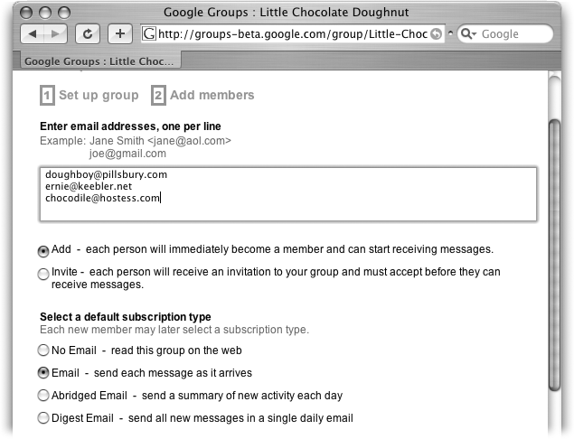 Once you create your group, fill out the guest list of email addresses for those joining you and set a delivery option for the messages that get posted to your group.