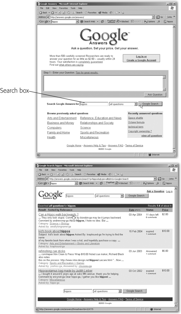 Top: To run a keyword search, type your terms into the blank search box (not the question box, which is the big rectangle with the lavender outline). Use the menu to the right of the box to choose whether you want to search unanswered questions, answered questions, or both. Then press Enter or click Google Search to get a list of entries with your search terms.Bottom: Each result is a separate question. The first line of an entry is the subject (click it to jump to that whole question and answer), followed by a snippet from the question. Below that is the question’s category, then the screen name of the person who posed the question and the person who answered it, if there is one. On the right, you can see when the question was posed, whether anyone answered or commented on it, and how much the questioner was willing to pay for an answer.
