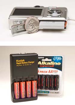 Top: Many digital cameras come with special, proprietary batteries. They’re not very big–and neither is their capacity. Invest in a spare. (Quarter not included.)Bottom: If you find a digicam that accepts AA batteries, use alkalines (right) only for emergency. In the long run, you’re better off investing in a couple sets of NiMH rechargeables (left).You generally won’t find NiMHs in department stores, but they’re available in national drugstore chains, and they’re easy to find online (for example, ). A charger and a set of four NiMH AAs cost about $30.