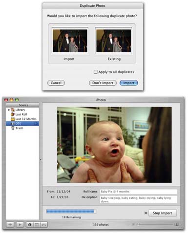 Top: If you’re not in the habit of using the “Delete items from camera after importing” option, you may occasionally see the “Import duplicates?” message. iPhoto notices the arrival of duplicates and offers you the option of downloading them again, resulting in duplicates on your Mac, or ignoring them and importing only the new photos from your camera. The latter option can save you a lot of time.Bottom: A nice new feature in iPhoto 5: As the pictures get slurped into your Mac, iPhoto shows them to you, nice and big, as a sort of slideshow. You can see right away which ones were your hits, which were the misses, and which you’ll want to delete the instant the importing process is complete.