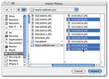 When the Import Photos dialog box appears, navigate to and select any graphics files you want to bring into iPhoto. You can ⌘-click individual graphics to select more than one simultaneously, as shown here. You can also click one, then Shift-click another one, to highlight both files and everything in the list in between.