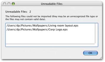 Here’s iPhoto’s way of telling you that you just tried to feed it a file that it can’t digest: an EPS file, Adobe Illustrator drawing, or PowerPoint file, for example.