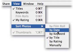 The View menu lets you customize how iPhoto displays and sorts thumbnails. The option to view photos by Film Roll option is dimmed out (as shown here) if you’re currently viewing an album instead of your whole Photo Library. On the other hand, Manually is dimmed out if you’re viewing the Library and not an album