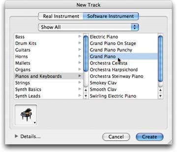 A certain track can handle either a Real Instrument (sound file) or a Software Instrument (MIDI notes), so you have to tell GarageBand which sort of instrument you intend to add. If you’re going to record a Real Instrument, also specify which effects you want GarageBand to add to the track, like reverb or EQ (equalization). Details in Chapter 7.If you’ve installed additional instruments—some of Apple’s Jam Packs, for example—you can isolate them by choosing them from the pop-up menu that now says Show All.