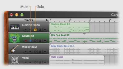 You can tackle the on/off status of your tracks in two ways: either by specifying which ones don’t play (by turning on their Mute buttons), or by specifying which tracks are the only ones that play (by turning on their Solo buttons).