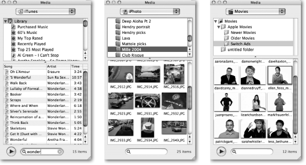 Use the Media Browser's pop-up menu to access your audio files in iTunes, images in iPhoto, and movies in your Movies folder. Browse through the contents of your playlists, photo albums, or movie folders in the upper pane; or search for files by name by typing into the search field at the bottom. Double-click a song or movie (or select it and click the Play button) to preview it; click the Play button (again) to stop the preview. When you've located the correct media file, drag it to your Pages document or Keynote slide.